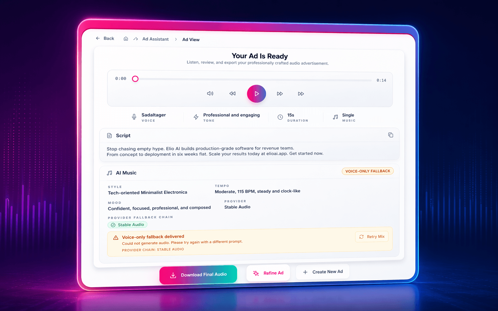 Elio Audio Ad generator — voice, length, and script controls producing a broadcast-ready spot
