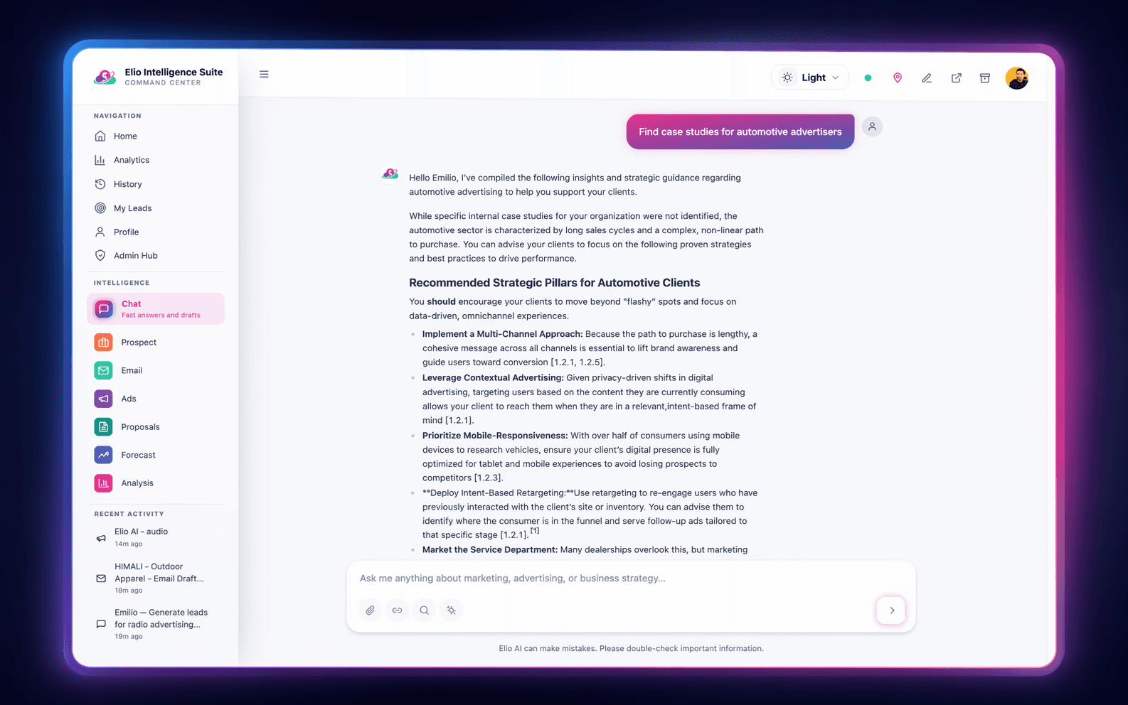 Elio Chat — grounded conversation over uploaded rate cards, decks, and PDFs with citations