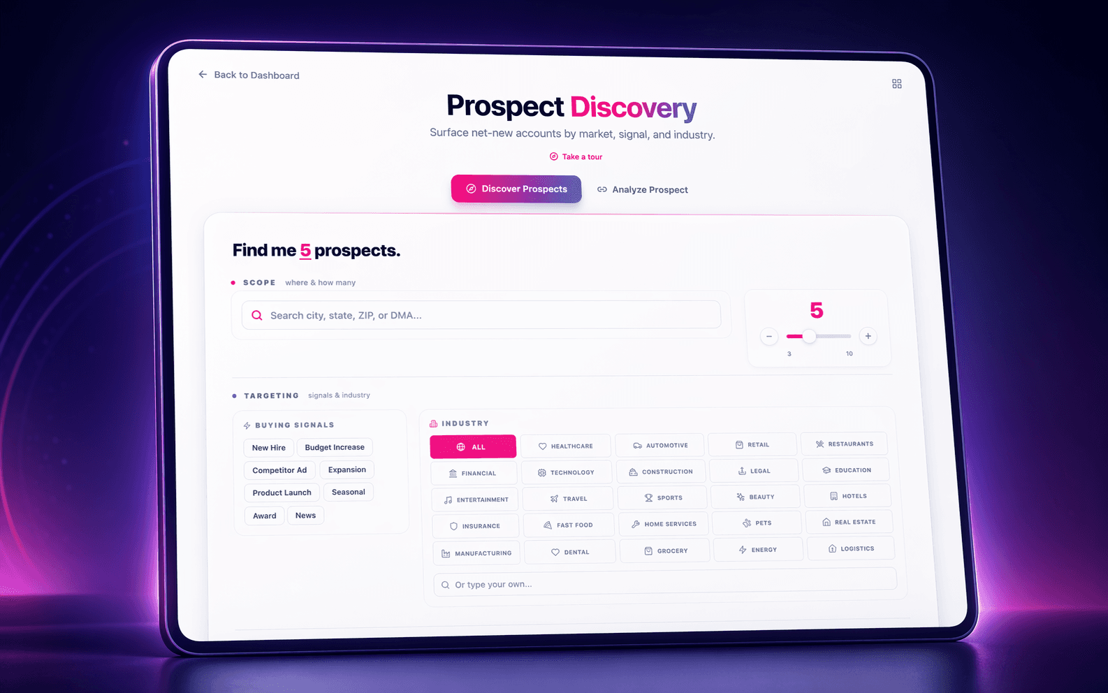 Elio Prospect Discovery — company URL + vertical selector with AI-generated dossier