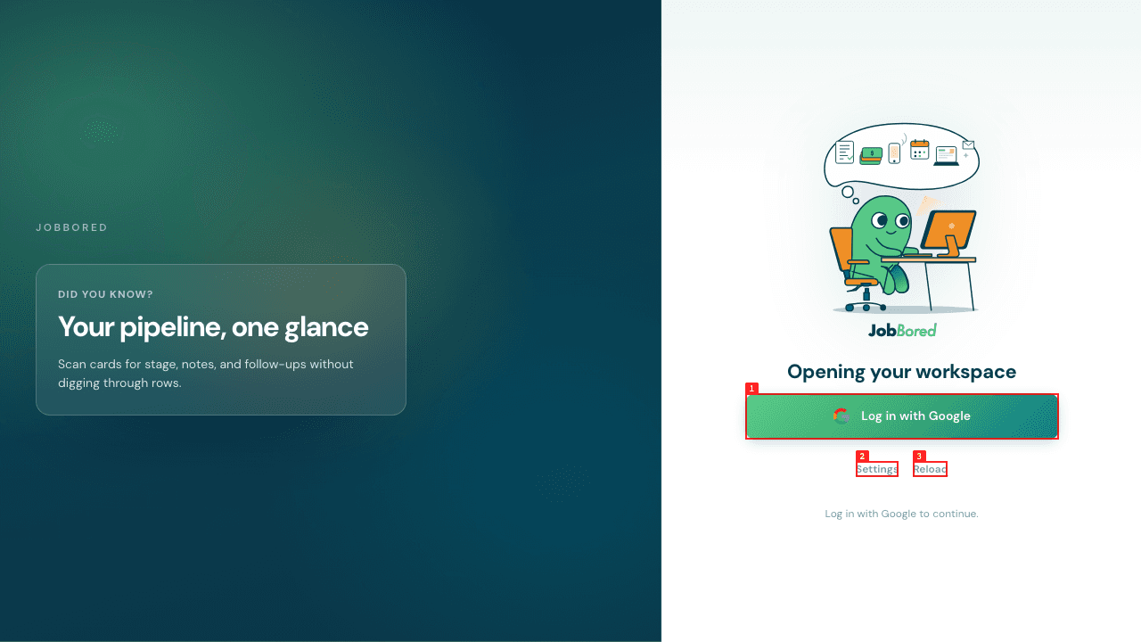JobBored kanban dashboard — eight stages, mint rail on the Interviewing column, fit scores on every card